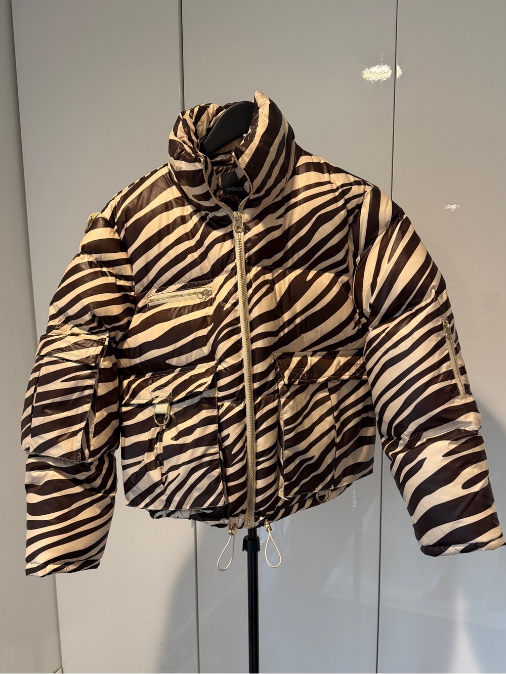 Cynthia Rowley Zebra-Print Puffer Jacket - Black & Cream
